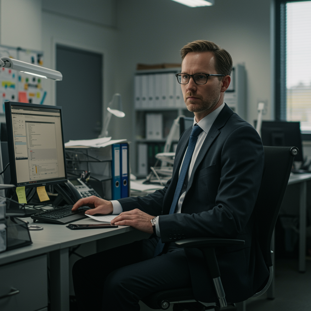 "Profesional blanco decidido supervisando la administración comunitaria en una oficina moderna, con tecnología avanzada y un ambiente de trabajo colaborativo."