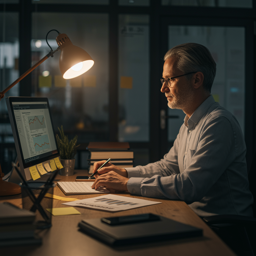 "Profesional blanco de negocios en un entorno moderno de gestión comunitaria, trabajando concentrado en su escritorio con dispositivos digitales y herramientas analíticas."