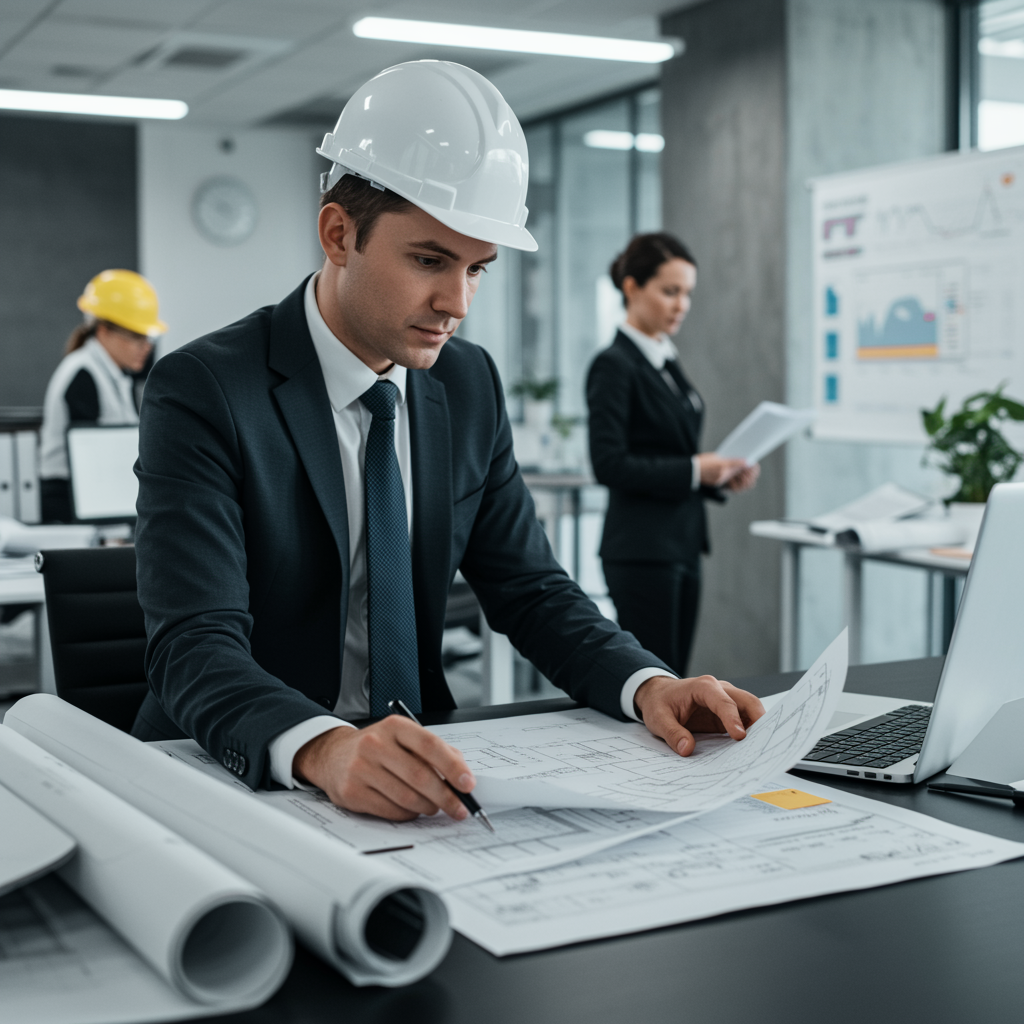 "Oficina moderna con profesionales revisando planos arquitectónicos, representando la gestión integrada de propiedades y comunidades, con un enfoque en la eficiencia y servicios administrativos."