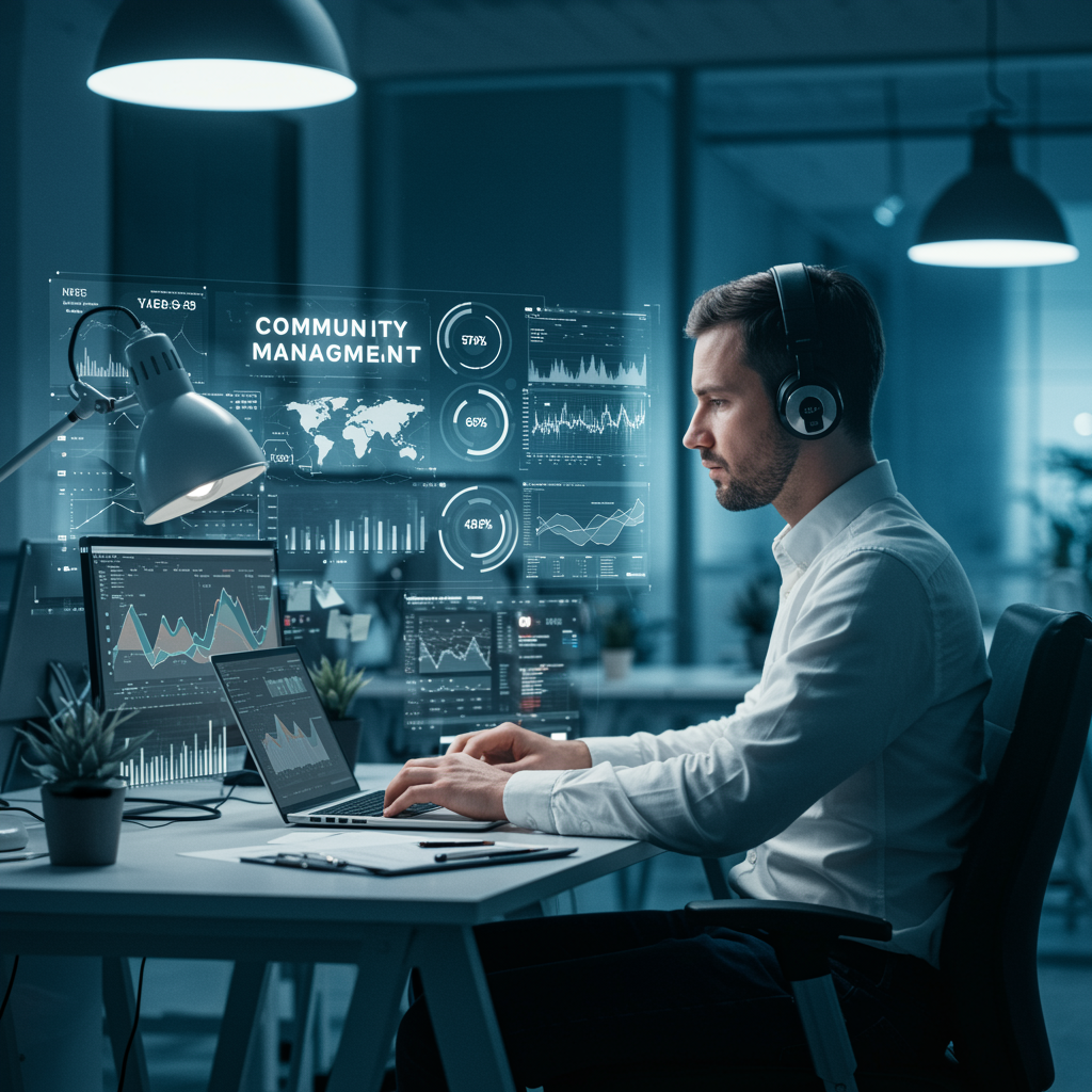 "Experto en gestión comunitaria en oficina moderna con gráficos y pantallas analíticas, reflejando un entorno profesional y luminoso."